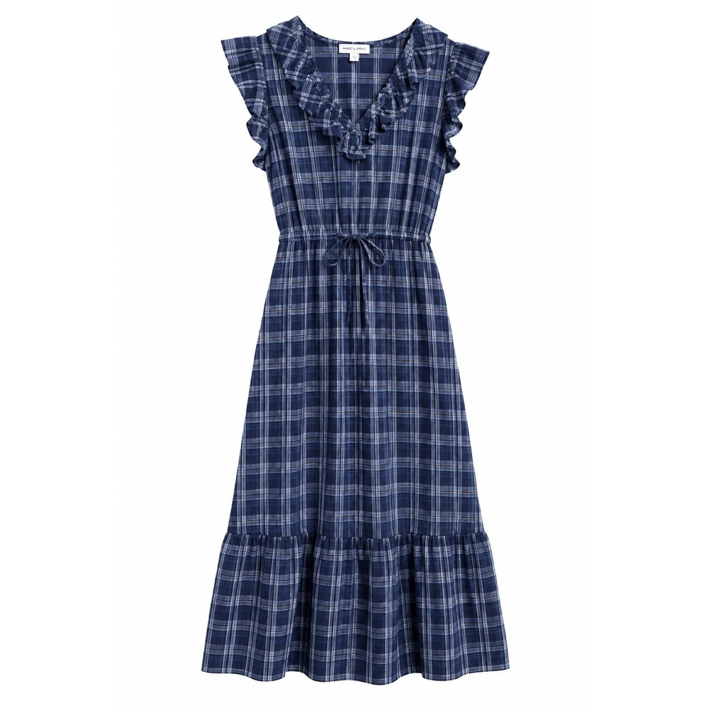 Market & Spruce Laysee Maxi Dress Blue Plaid Ruffle V-Neck Size L NWT - Picture 2 of 8